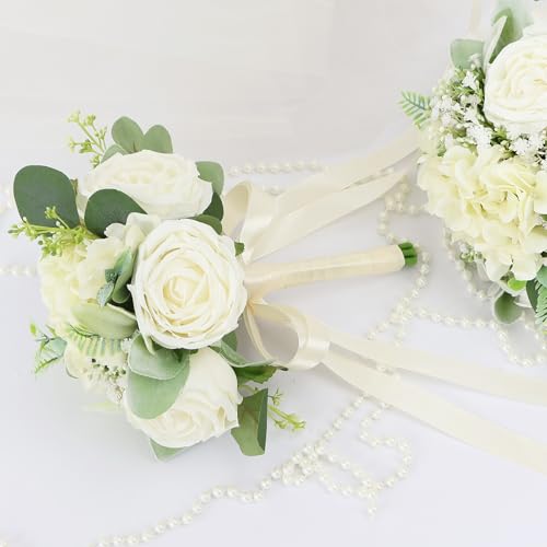 Set of 6 Bridesmaid Bouquets for Wedding - Silk Artificial Ivory Bridesmaid Flowers, Pre-Made Roses Sage Green Boho Bridal Floral for Bride Party Ceremony Anniversary Decoration - 9inch - color: White-2, size: Set of 6 Bridesmaid Bouquets
