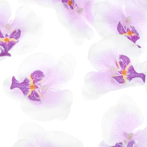 M METERXITY 20-Pack Artificial Orchid Flower Heads, Silk Faux Butterfly Flowers Head for Wedding/Bouquet/Bridal/Party Decor, Fake Phalaenopsis Petals Bulk [3.54 Inch, White Purple] - color: White Purple, size: 3.54 Inch