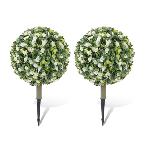 Set of 2 Artificial Topiary Balls with Flowers, 21" UV-Resistant Faux Evergreen Shrubs with Ground Spikes — Festive Outdoor and Indoor Holiday Décor Plants for Porch, Patio, and Garden - color: Green and White Flowers