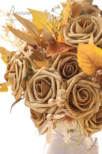 Floroom Artificial Flowers 25pcs Real Looking Antique Gold Foam Fake Roses with Stems for DIY Wedding Bouquets Bridal Shower Centerpieces Floral Arrangements Party Tables Home Decorations - color: Antique Gold, size: 25Pcs