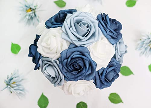 Artificial Flowers 50PCS Real Looking White & Dusty Blue Shades Fake Roses with Stem for DIY Wedding Bouquets Centerpieces Baby Shower Party Home Decoration - color: White & Dusty Blue Shades, size: 3"/50pcs