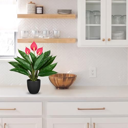 GnFlus 20'' Realistic Pink Anthurium Artificial Plant, Fake Potted Plants for Home Office Farmhouse Kitchen Bathroom Table Shelf Decor - color: 20'' Red