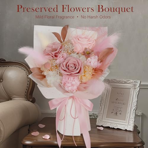 Preserved Bouquet of Flowers - Real Roses & Flowers for Delivery, Long-Lasting Dusty Pink Forever Camellia Flowers, Mothers Day Gifts for Mom Grandma Wife, Anniversary Birthday Gifts for Women - color: Dusty Pink