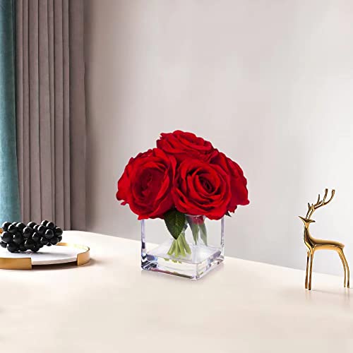 Enova Floral 7 Large Stems Artificial Silk Roses Fake Flowers Arrangement in Cube Glass Vase with Faux Water for Home Office Wedding Decoration (Red) - color: Red