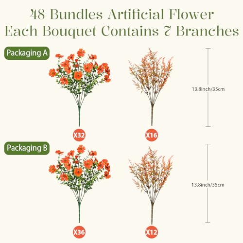 SHareconn 48 Bundles Artificial Flowers for Outdoors Decoration, Faux Plants Fake Silk Colorful Daisy Eucalyptus Lavender, UV Resistant for Outside Home Porch Patio Indoor Spring Decor, Orange - color: Spring Orange