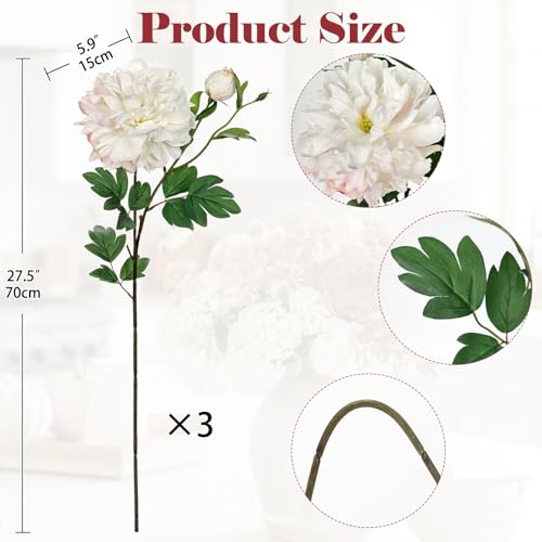 3Pcs White Peonies Artificial Flowers 27.5" Fake Flower Silk Flowers with Long Stem Floral Arrangements Bouquets Faux Peony Flowers for DIY Wedding Party Centerpieces Decor Home Office Decoration - color: White Peony