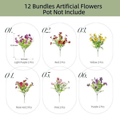 Artificial Flowers for Outdoors UV Resistant, 12 Bundles Realistic Faux Daisy with Eucalyptus Leaves Fake Plants for Porch Patio Planter Garden Decoration (6-Color Mix) - color: 6 Color