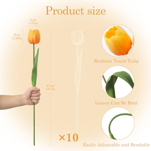 Tangerine Fake Tulips,18.5" PU Artificial Tulips Flowers for Spring Easter Home Kitchen Wedding Bouquet Bulk Mother's Gift Day Decorations - color: Tangerine