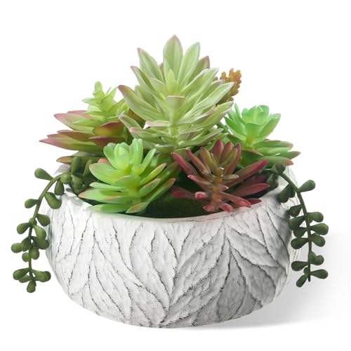 6 Inch Artificial Succulent Plant in White Ceramic Pot - Realistic Fake Succulent for Home Office Desk Bathroom Decor Coffee Table Decor - color: White, size: 6inch