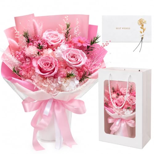 Preserved Pink Rose Bouquet, 100% Real Flowers for Women Mother Wife, Long-Lasting Eternal Roses with Gift Box, Forever Flowers for Anniversary Birthday Mother's Day, Lasts 3-5 Years - color: Soft Pink