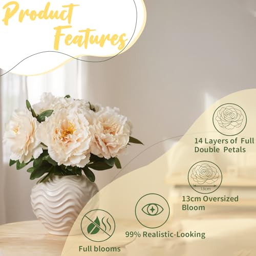 Light Champagne Premium Silk Artificial Peonies, 2 Bouquets (10 Large 5.12" Heads), 13.78" Tall Fake Floral Arrangements for Wedding Centerpieces, Home Decor & Indoor Vase Display - color: Light Champagnek