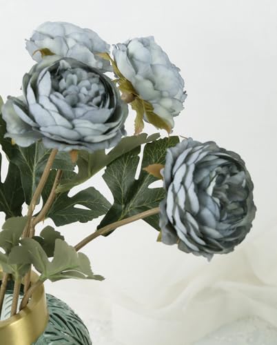 IPOPU 10pcs Dusty Blue Peonies Artificial Flowers Gradient Blue Silk Peonies with Stems Real Touch Fake Peony for Wedding Decoration Bride Bouquet Faux Flowers Floral Arrangement - color: Dusty Blue