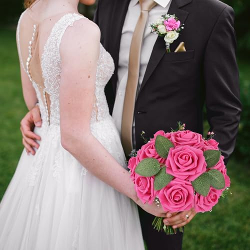 AmyHomie 25pcs Real Looking Artificial Hot Pink Roses w/Stem for DIY Wedding Bouquets Centerpieces Arrangements Party Baby Shower Valentines Day Christmas Tree Decorations - color: Hot Pink