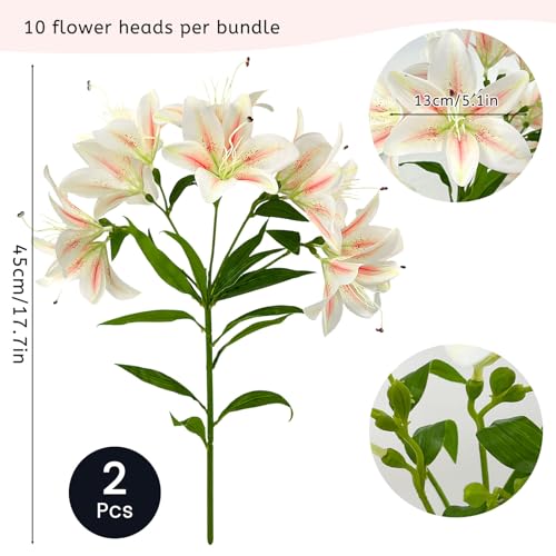 Daily Treasures 2Pack Artificial Lily Flowers, Faux Tiger Lily Bouquets with 10 Heads per Stem (2 Stems, 20 Heads Total), Pink White Blooms, 17.7in Silk Lilies for Home Hotel Decor