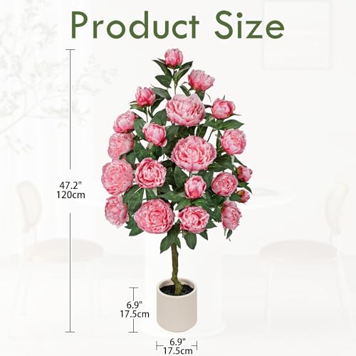 Hollyone Pink Fake Peonies Tree 4FT Peonies Artificial Flowers Tree in Pot Faux Peony Plants & Flowers in Planter Greenery Potted Plant Indoor Outdoor Front Door Porch Home Decor - color: 4ft - Pink