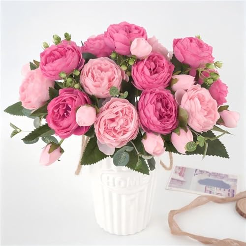Artificial Peony Flowers Silk Peony Rose Real Touch Fake Flowers 3pcs Single Stem with 5 Heads Bouquet for Home Wedding Party Decoration (Pink) - color: Pink