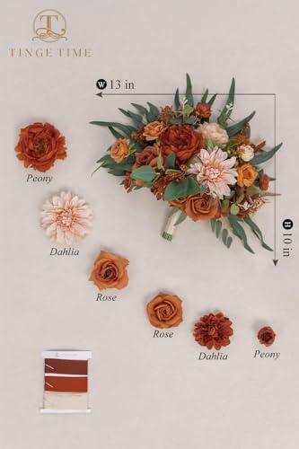 TINGE TIME 13 inch Terracotta Wedding Bouquets for Bride, Bridal Bouquet for Bride, Artificial Silk Rose for Graduation Bouquet, Fake Flowers for Fall Wedding Ceremony and Anniversary - color: Terracotta