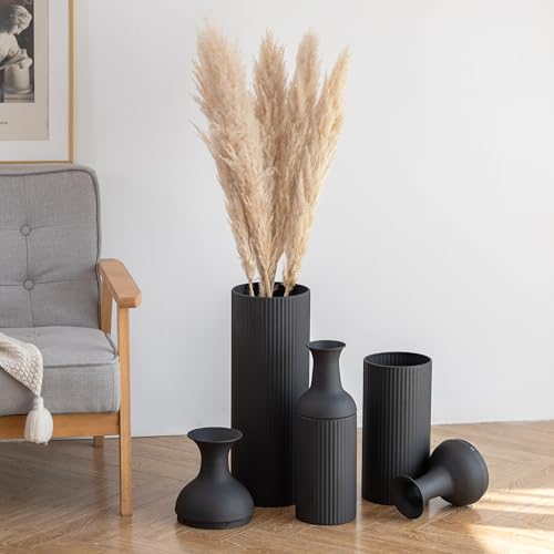 Sziqiqi Black Tall Ribbed Modern Metal Vase Trio - Large 27" Tall x 20" Wide x 16" Deep for Living Room, Bedroom, Kitchen, Corridor - color: Black