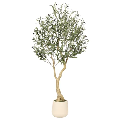 Realead Olive Trees Artificial Indoor - 5FT Faux Olive Tree with White Tall Exquisite Planter - Realistic Fake Olive Tree with Thick Trunk and Lifelike Branches for Home Office Decor - size: 5ft