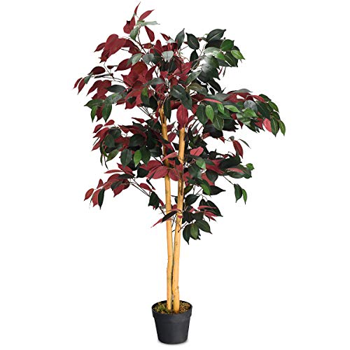 Goplus 4FT Tall Artificial Ficus Tree, Greenery Fake Tree Faux Plant in Pot for Indoor Outdoor Home Décor