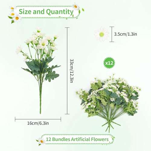 12 Bundles Daisy Artificial Flowers for Outdoors Decoration, Fake Plants Flowers Mums Realistic Daisy Flowers Artificial, UV Resistant Silk Flowers for Front Door Porch Patio,13in (White) - color: Daisy-white
