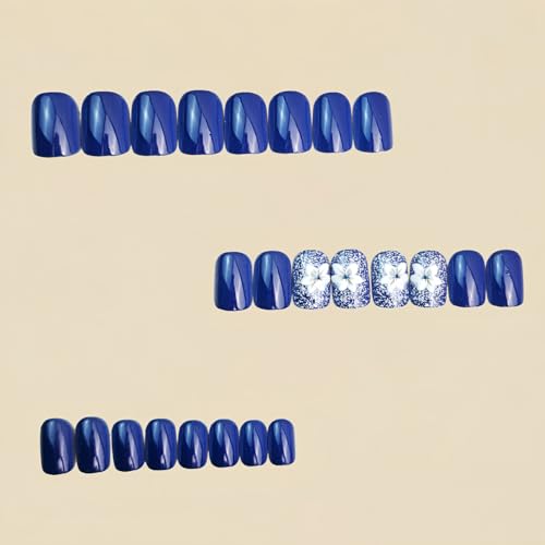 Flower Press on Nails Short Square Fake Nails Blue Glossy False Nails Press Ons with Elegant Flower Glitter Designs Floral Glue on Nails Full Cover Artificial Acrylic Nails for Women Girls 24 Pcs - color: Blue White Flower