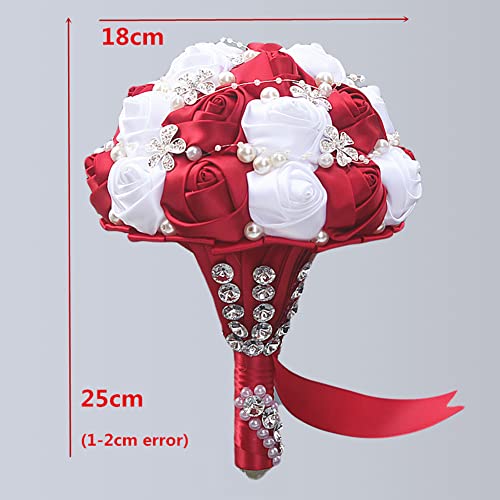 Sharebeauty 7.1 Inch Handmade Satin Rose Bridal Bouquet Toss Round Wedding Bouquet Throw Toss Artificial Flower Bunch Ivory + Black - color: W224 Ivory/Black, size: 7.1"/18cm