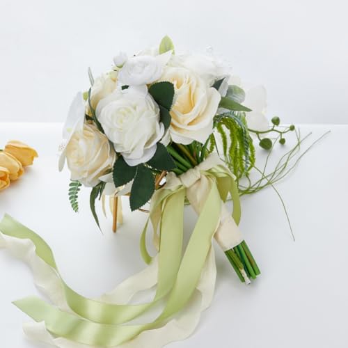 9.5 Inch White Cascade Bridal Bouquet for Bride with Artificial Rose Phalaenopsis Flower and Pearls Cascading Bridal Bride Wedding Bouquet Flower Wedding White and Champagne - color: White & Champagne