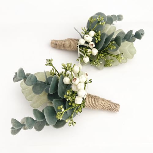 Handmade Artificial Succulent Corsage Wristlet Realistic Berry Green Plants Boutonniere for Wedding Decor 2 Pcs (Corsage A) - color: Green