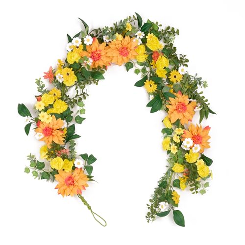 GENMOUS Artificial Dahlia Daisy Flower Garland Decor, 5.3Ft Spring/Summer Fall Garland Floral Garlands for Indoor Outdoor Home Wedding Arch Porch Stair Backdrop Year Round Decor (Yellow Orange)