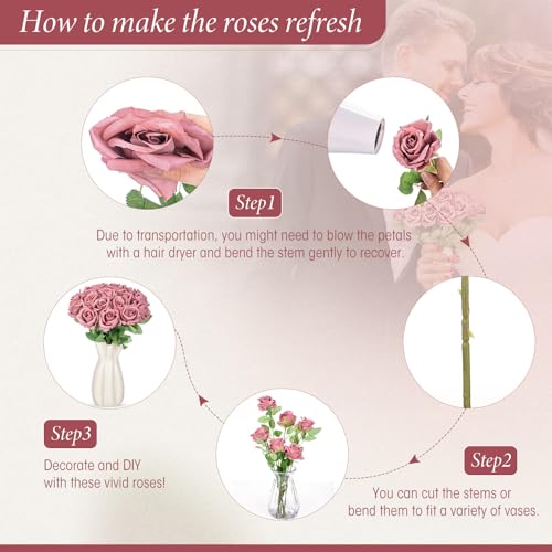 Hotop 40 Pcs Rose Artificial Flowers Bulk with Long Stem,Realistic Silk Fake Roses Bouquet for Home Wedding Centerpieces Party Table Decoration Valentines Gifts(Dusty) - color: Dusty