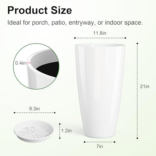 QCQHDU 21 inch Tall Planters for Outdoor & Indoor Plants, Set of 2 Large Outdoor Planters with Drainage Hole for Front Porch, Patio, Garden, White - color: White, size: 21 inch