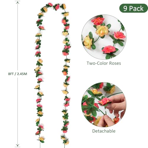 KHOYIME 9 Pack 72 FT Artificial Flower Garland, Fake Champagne Roses Vines Silk Flowers Faux Outdoor Hanging Floral Ivy Garland Decoration for Wedding Arch Bedroom Home Wall Backdrop Room Decor - color: Champagne, size: 9pcs