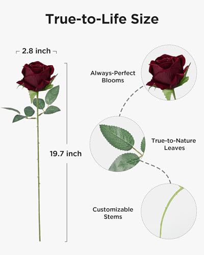 InnoGear 50 Pcs Burgundy Roses Artificial Flowers, Fake Velvet Silk Red Rose Bulk Faux Flower for Decoration Wedding Centerpieces Proposal Bridal Bouquets Shower Party Home Floral Decor (50, Burgundy) - color: Burgundy