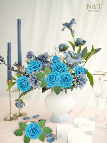 N&T NIETING Artificial Flowers,25pcs Real Touch Fake Flower Roses with Stem Perfect for DIY Wedding Bouquets Centerpieces Bridal Baby Shower Party Home Flower Arrangement Decoration,Blue - color: Blue, size: 25pcs