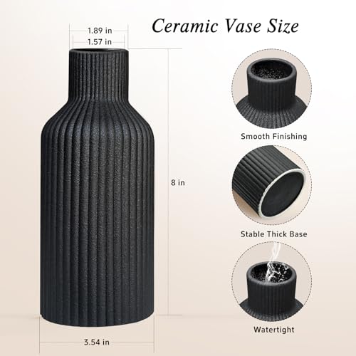 Black Ceramic Flower Vase, Minimalist Modern Home Decor, Matte Finish Pampas Grass Vase for Table, Fireplace, Shelf, Mantel, Entryway and Centerpieces (10in) - color: Black, size: 10in