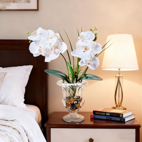 Jusdreen Artificial Orchid Centerpiece with Glass Vase, 14.5 Inch Lifelike Phalaenopsis Bonsai for Home Office Table Decor, White Orchid Arrangement with Potting - color: Wine Glass-white