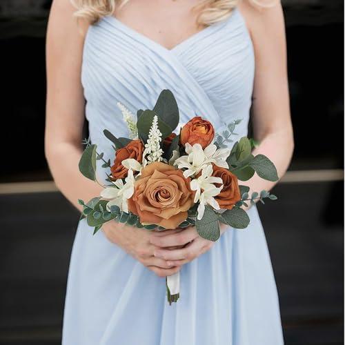 Rinlong Burnt Orange Bridesmaid Bouquet, Fall Wedding Bouquets, Terracotta | Silk Bridal Bouquet, Prom, Homecoming, Destination Friendly - color: 05-burnt Orange & Sage