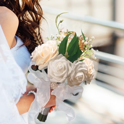 LEIFENY Wedding Bouquets for Bride, Champagne & White Bridal Bridesmaid Flower with Silk Ribbon, Artificial Toss Rose for Civil Ceremony - color: Champagne White