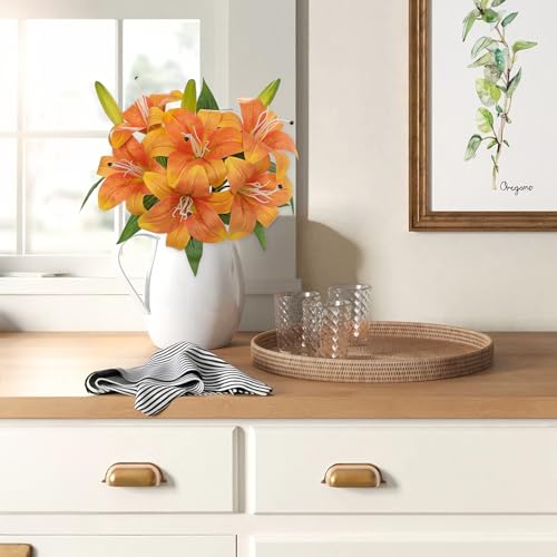 Oairse Artificial Tiger Lily Silk Flowers - 3 Pcs Faux Lily Flower 14.9" Fake Lilies Bouquets Faux Stargazer Lilies Stem with 6 Heads & 3 Buds for Indoor Outdoor Home Table Wedding Decor (Orange) - color: Orange