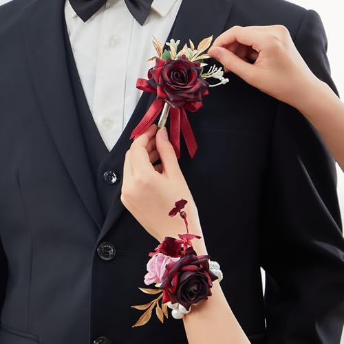 Serwalin Corsage and Boutonniere Set, Burgundy Wrist Corsage for Prom and Boutonniere for Men Wedding Artificial Flowers Rose Flowers for Homecoming Wedding Accessories - color: Burgundy, size: 1 Boutonniere & 1 Wrist Corsage - 2pcs