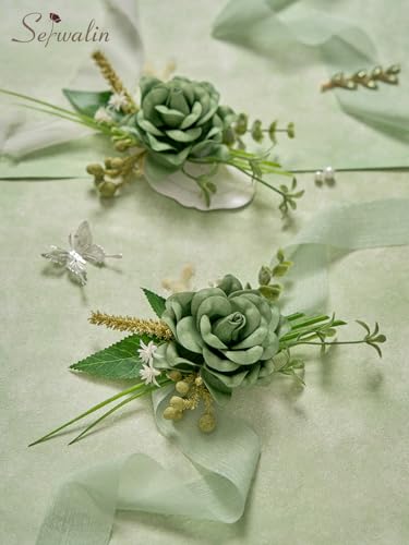 Serwalin 2 Pcs Boutonniere, 6-7 Inch Green Corsage for Wedding, Boutonniere for Men Groom and Best Man Prom Ceremony Anniversary Party Suit - color: Green, size: Boutonniere-2pcs