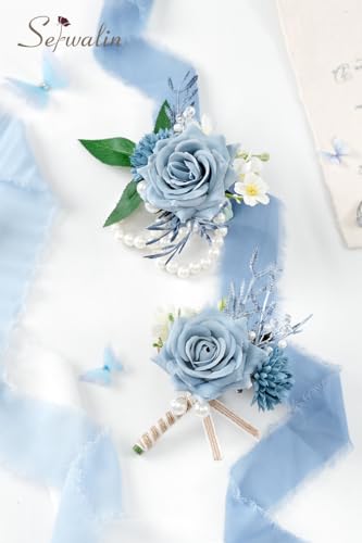 Serwalin Corsage and Boutonniere Set, Boutonniere and Wrist Corsage Wristlet Prom Homecoming Wedding Flowers Accessories Prom Suit Decorations (Blue & Dusty Blue) - color: Dusty Blue, size: 1 Boutonniere & 1 Wrist Corsage - 2pcs