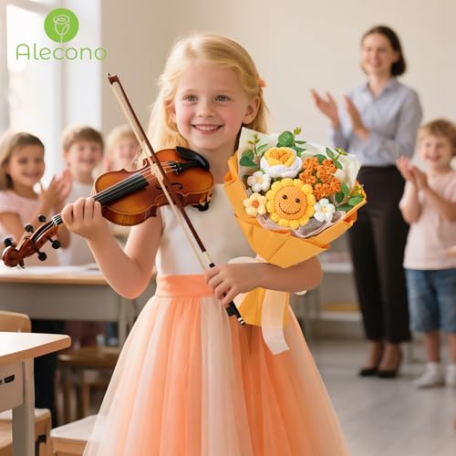 Alecono Crochet Flower Bouquet, Orange Smile Sunflower Knitted Flowers, Handmade Bouquet of Flowers for Mother's Day Graduation Anniversary Birthday Party Valentine's Day Gifts (Include Card) - color: Orange