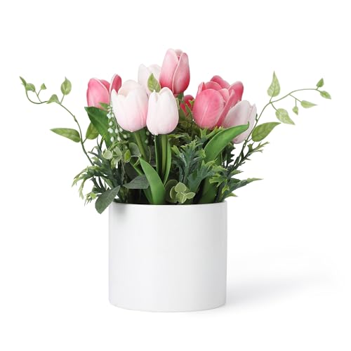 10 Stems Rose Red Artificial Tulips in Ceramic Pot - PU Fake Flowers with Green Leaves for Home Table Decor - color: Rose Red, size: TULIP-TC-10