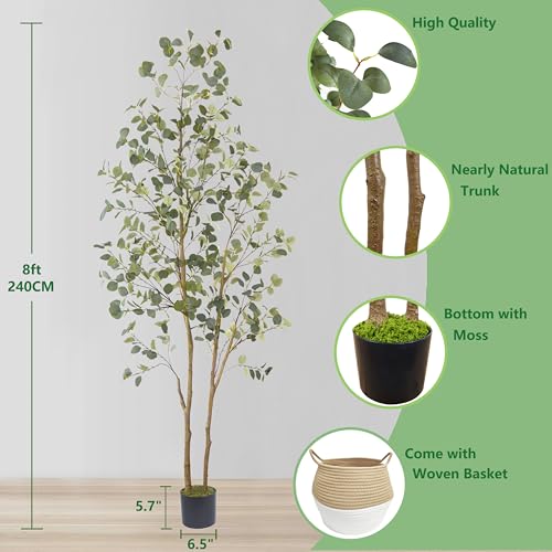 Warmplants Artificial Eucalyptus Tree, 8ft Large Fake Silk Leaves Eucalyptus Plant with Basket, 96” Faux Tree for Home Office Livingroom Floor Decor Indoor Outdoor - size: 8ft