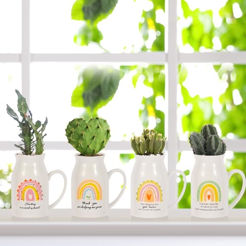 6 Pieces Teacher Appreciation Gifts Teacher Ceramic Vase with Small Handle Rainbow Flower Vases Thank You Teacher Gifts for Women (Teacher)