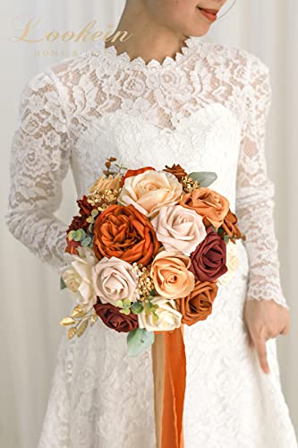 Lookein 10 Inch Wedding Bouquet for Bride Artificial Flowers Birdal Bouquet Bridesmaid Bouquet Tossing Bouquet for Wedding Ceremony Anniversary Bridal Shower, Chic Terracotta - color: 10" Chic Terracotta