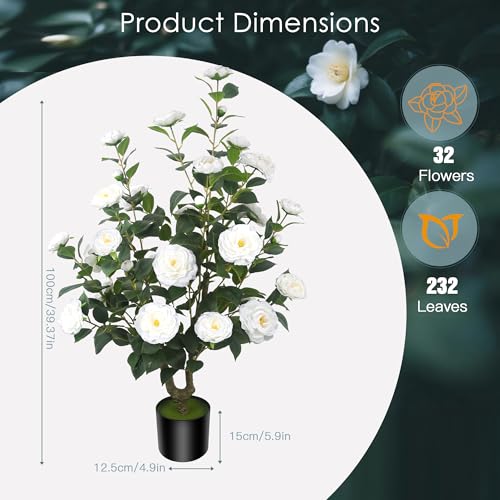 2Pack 39.37"/3.28FT Artificial Camellia Trees with 32 White Flowers in Cement Pots – Lifelike Fake Trees for Front Porch, Home, Indoor Outdoor Spring Decor, Office or Housewarming Gifts - color: White, size: 3ft 3inx2