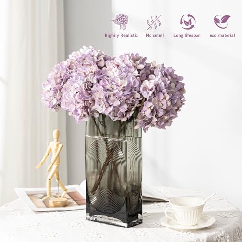 Artificial Flower Fake Silk Hydrangea Heads Bouquet With Stems Bulk for Fall Decoration Table Center Christmas Indoor Outdoor Faux Floral Realistic With Leaves Plants Crafts 8PCS(Pale Purple) - color: Pale Purple